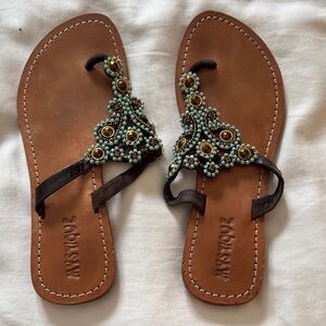 Mystique Boutique Brown Sandals with Turquoise Beading and Gold Accents